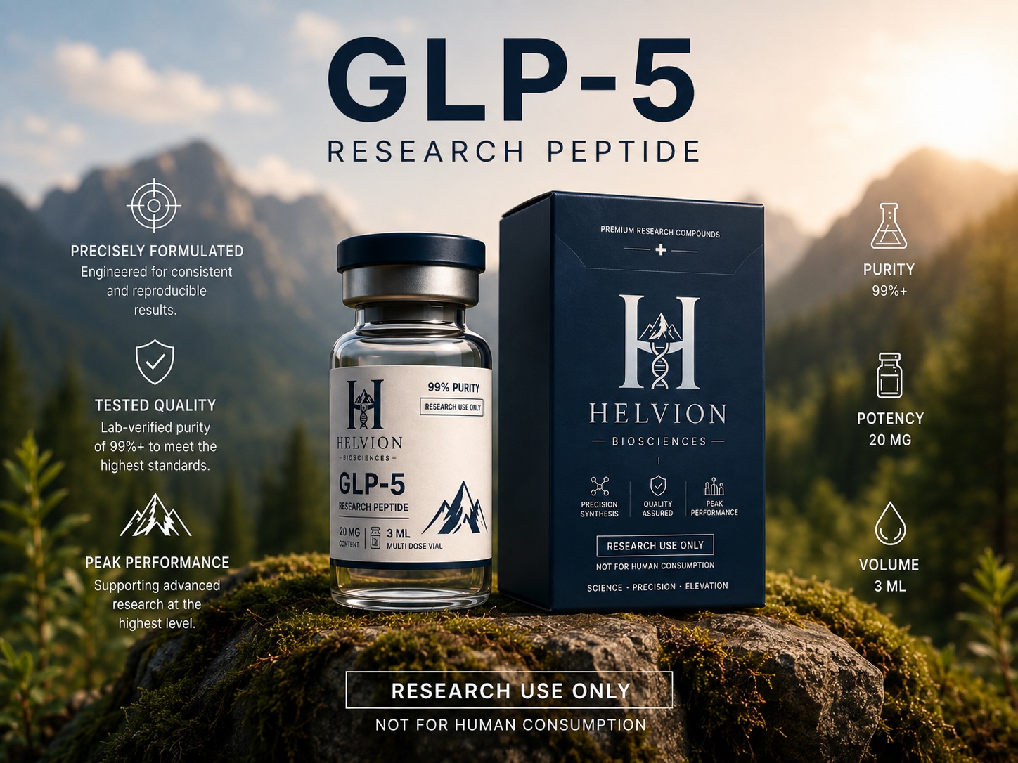 GLP-5 Research Peptide vor Bergpanorama: Durchstechflasche und Umkarton mit den Angaben 99 %+ Reinheit, 20 mg Wirkstoff, 3 mL Volumen