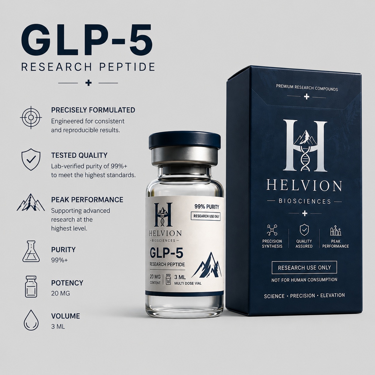 GLP-5 Research Peptide: Durchstechflasche und Umkarton mit den Angaben 99 %+ Reinheit, 20 mg Wirkstoff, 3 mL Volumen